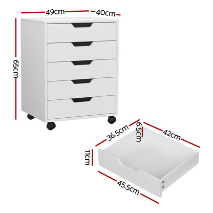 Artiss 5-Drawer Filing Cabinet Mobile Rolling Storage Cabinet Chest of Drawers Stand White-Furniture &gt; Office-PEROZ Accessories