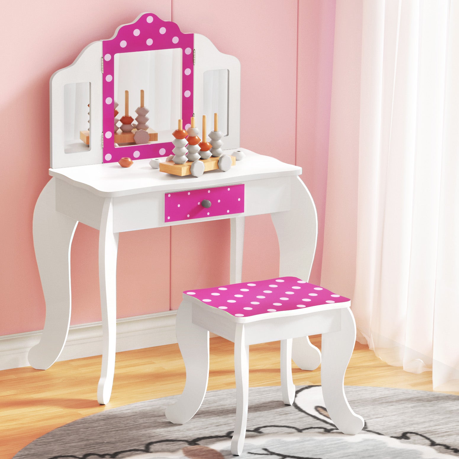 Keezi Kids Dressing Table Vanity Makeup Chair Set Wooden 3 Mirror Draw PEROZ