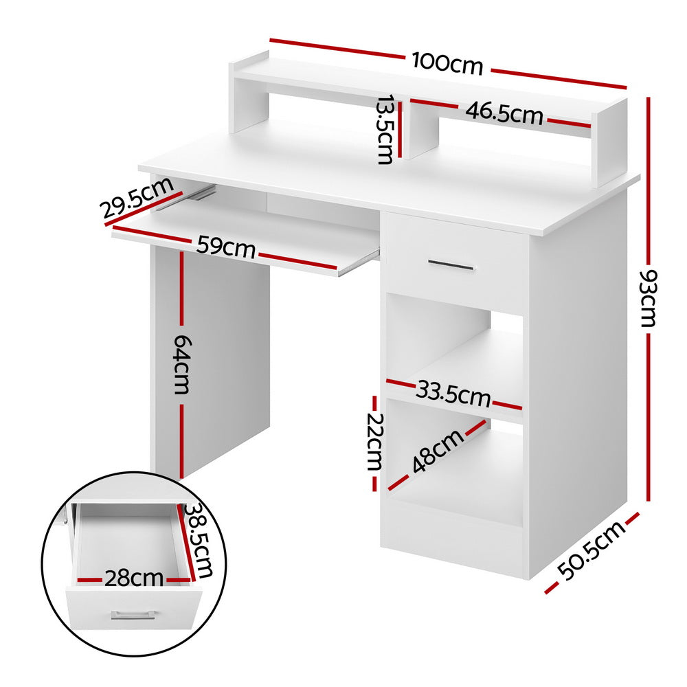 Artiss Computer Desk Shelf Drawer Cabinet White 100CM-Office Desks-PEROZ Accessories