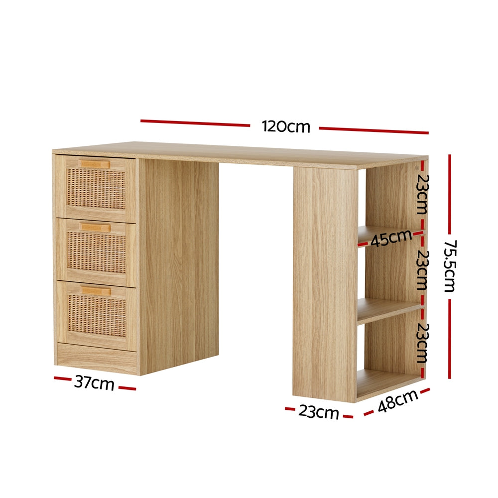 Artiss Computer Desk Drawer Shelf Home Office Study Table Rattan Oak 120CM-Office Desks-PEROZ Accessories