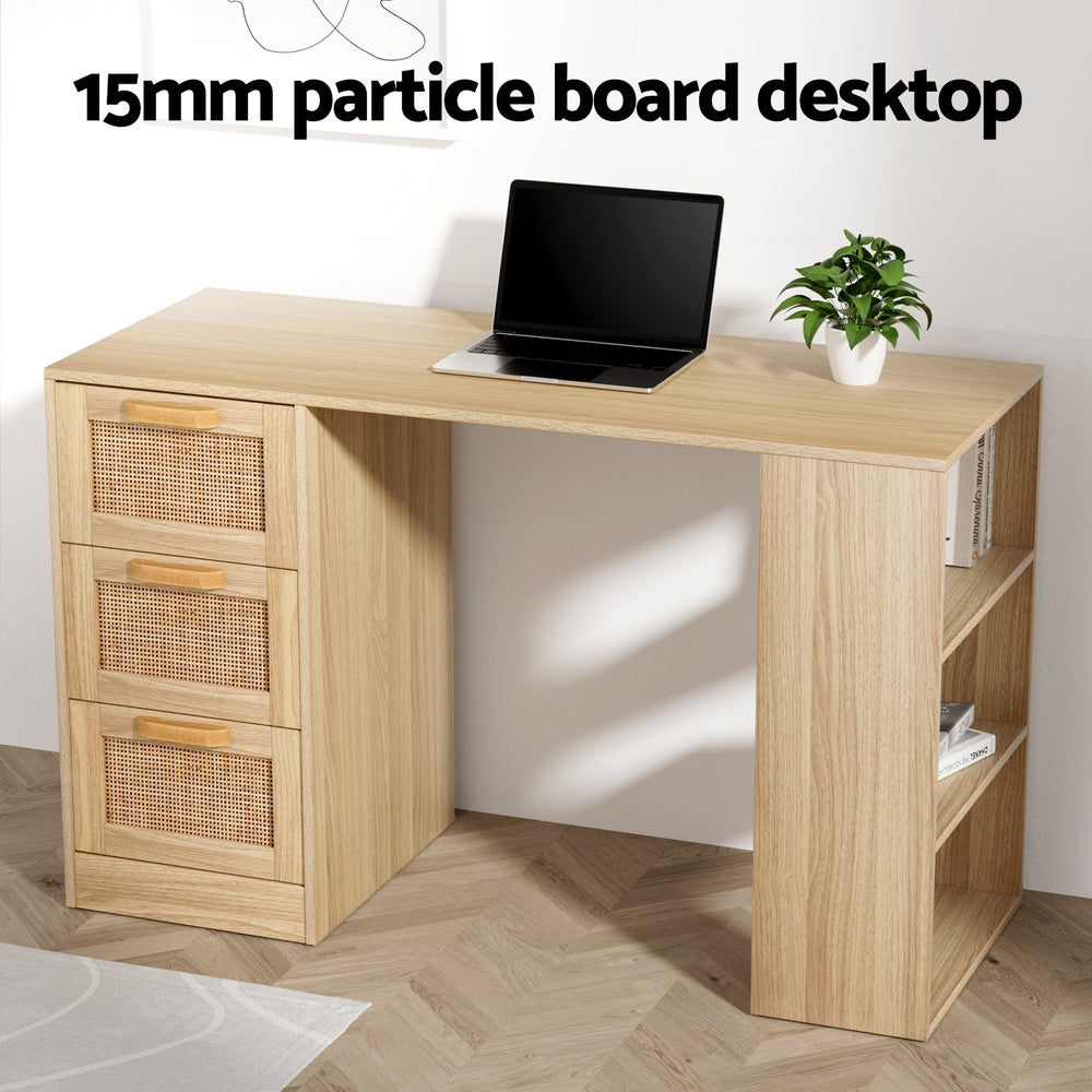 Artiss Computer Desk Drawer Shelf Home Office Study Table Rattan Oak 120CM-Office Desks-PEROZ Accessories