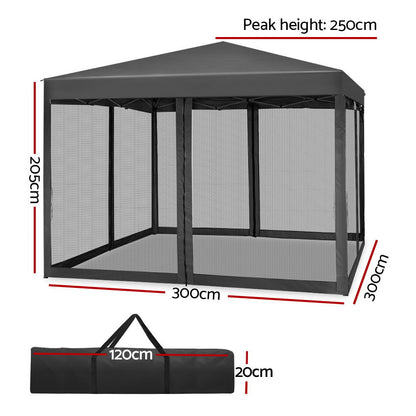 Instahut Gazebo Pop Up Marquee 3x3m Wedding Party Outdoor Camping Tent Canopy Shade Mesh Wall Grey-Home &amp; Garden &gt; Shading-PEROZ Accessories