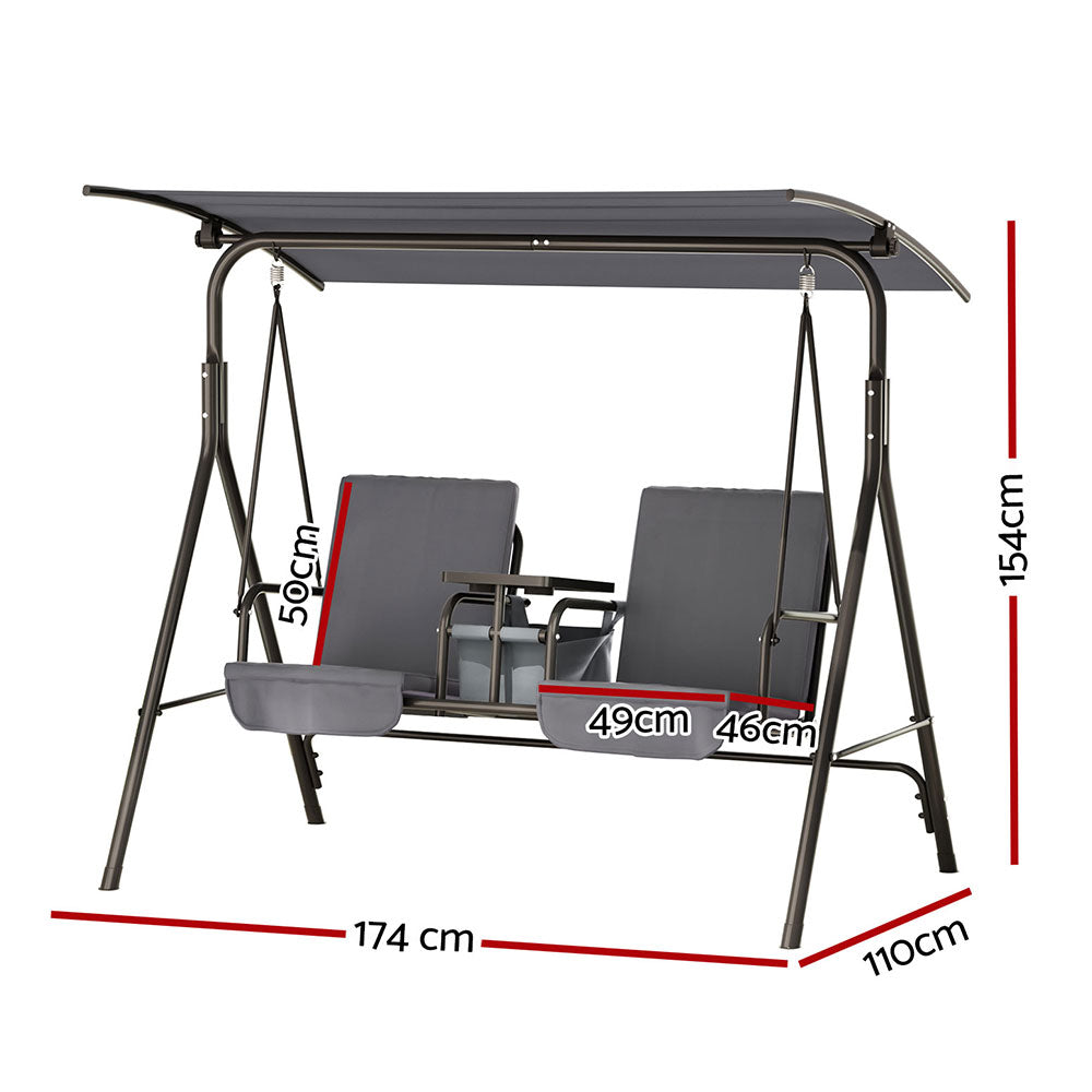 Gardeon Outdoor Swing Chair Garden Furniture Canopy Cup Holder 2 Seater Grey-Swing Chairs-PEROZ Accessories