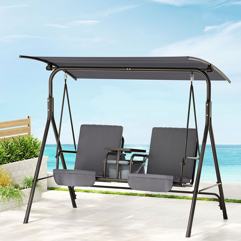 Gardeon Outdoor Swing Chair Garden Furniture Canopy Cup Holder 2 Seater Grey-Swing Chairs-PEROZ Accessories