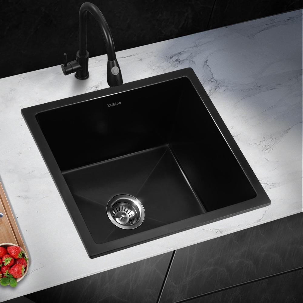 Welba Kitchen Sink 38x38cm Granite Stone Sink Laundry Basin Single Bowl Black-Granite Sink-PEROZ Accessories