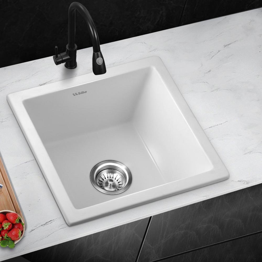 Welba Kitchen Sink 38x38cm Granite Stone Sink Laundry Basin Single Bowl White-Granite Sink-PEROZ Accessories