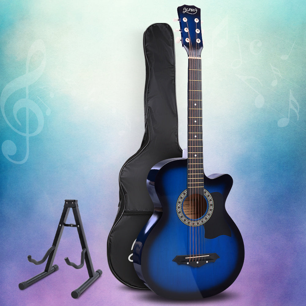 Alpha 38 Inch Acoustic Guitar Wooden Body Steel String Full Size w/ Stand Blue-Audio &amp; Video &gt; Musical Instrument &amp; Accessories-PEROZ Accessories