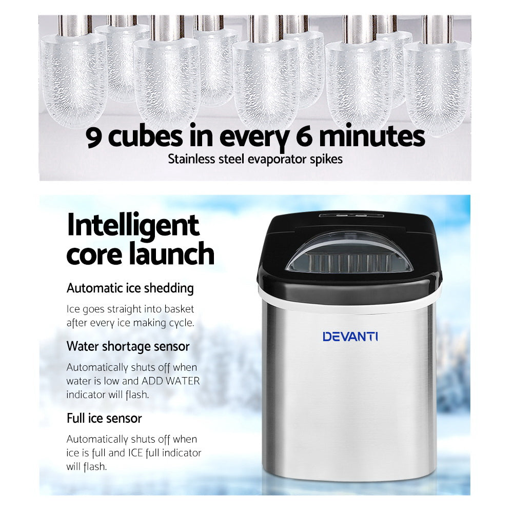 Devanti 2.4L Stainless Steel Portable Ice Cube Maker-Ice Makers-PEROZ Accessories