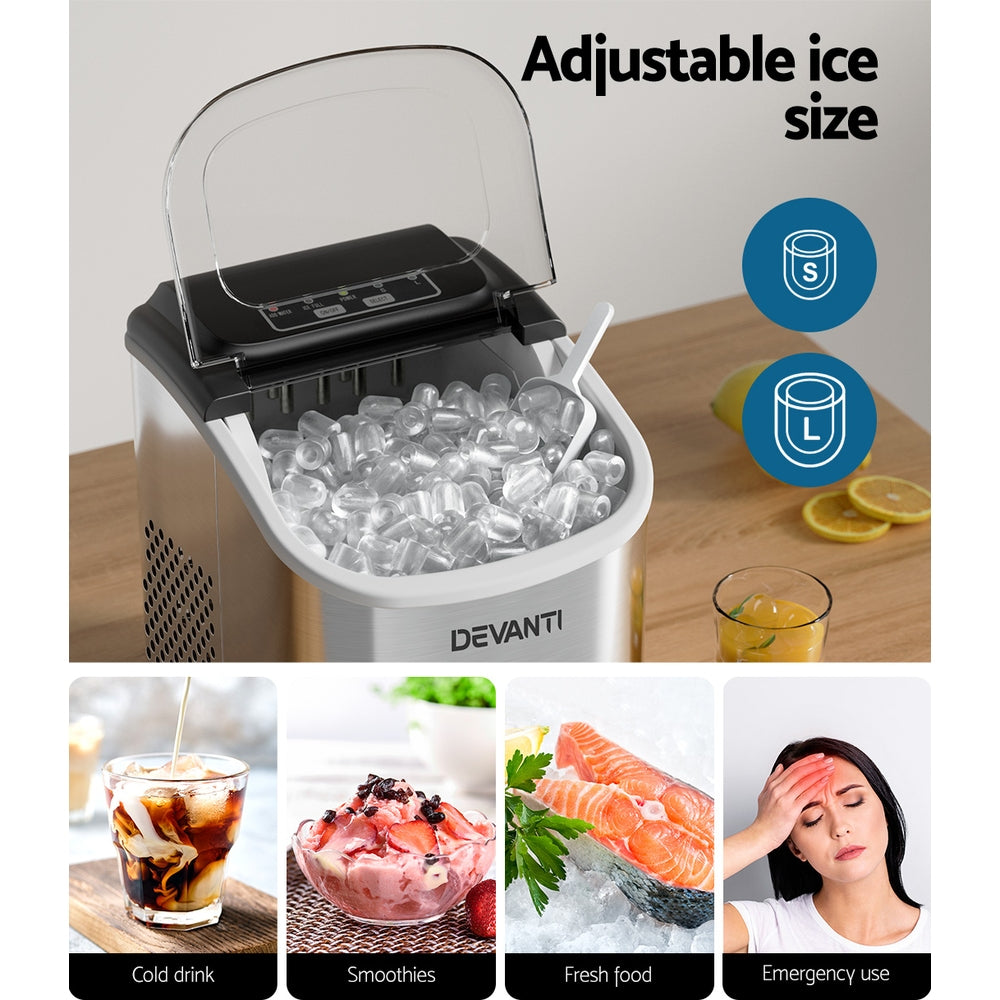 Devanti 12kg Ice Maker Machine w/Self Cleaning Silver-Appliances &gt; Kitchen Appliances-PEROZ Accessories