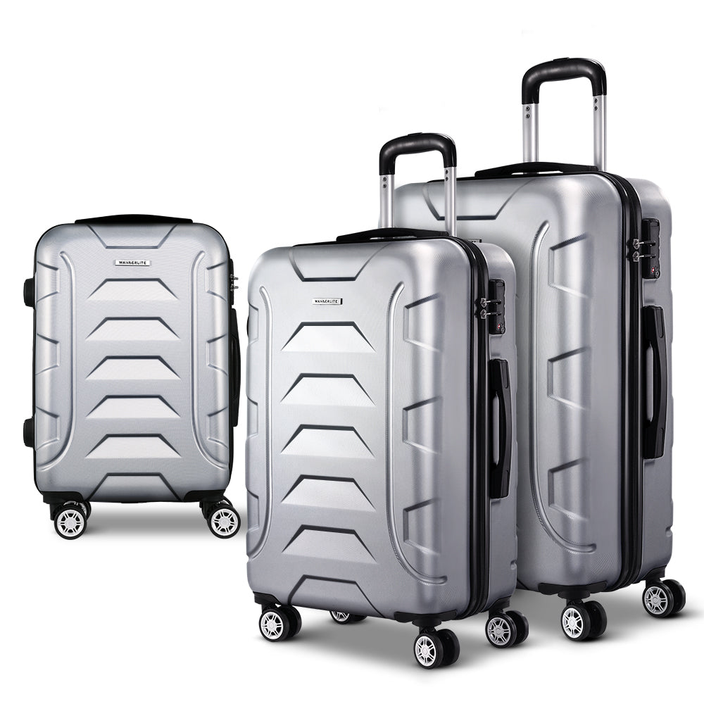 Wanderlite 3pc Luggage Trolley Travel Suitcase Set TSA Hard Case Shell Strap Silver-Luggage-PEROZ Accessories