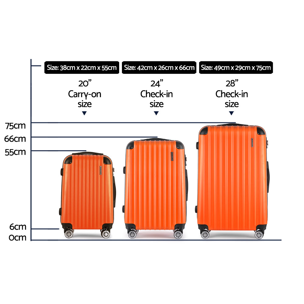 Wanderlite 3pc Luggage Trolley Travel Set Suitcase Carry On TSA Lock Hard Case Lightweight Orange-Luggage-PEROZ Accessories