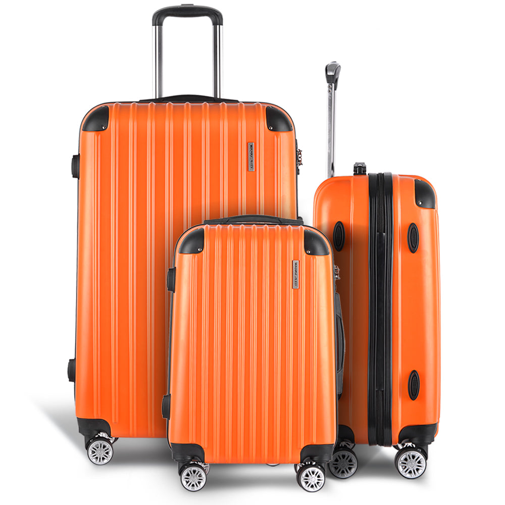 Wanderlite 3pc Luggage Trolley Travel Set Suitcase Carry On TSA Lock Hard Case Lightweight Orange-Luggage-PEROZ Accessories