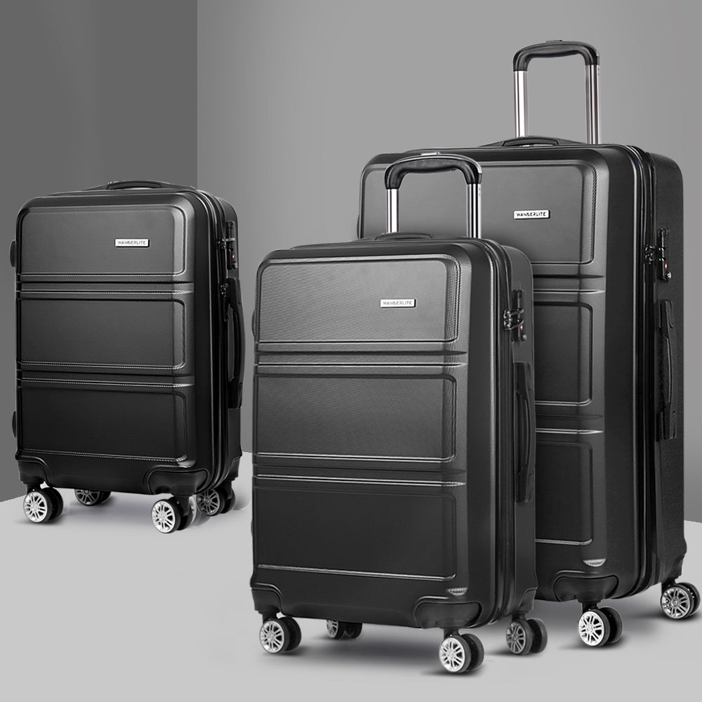 Wanderlite 3pc Luggage Trolley Set Suitcase Travel TSA Carry On Hard Case Lightweight Black-Luggage-PEROZ Accessories