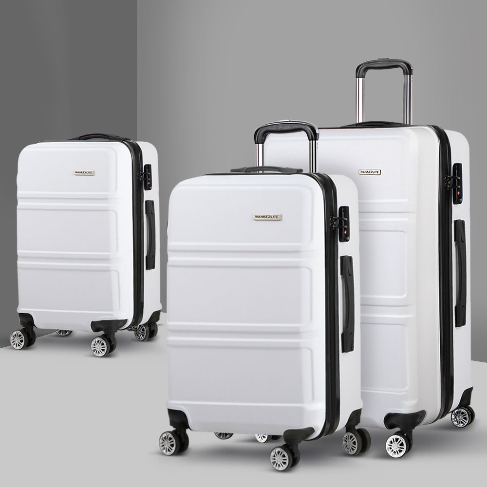 Wanderlite 3pc Luggage Trolley Set Suitcase Travel TSA Carry On Hard Case Lightweight White-Luggage-PEROZ Accessories