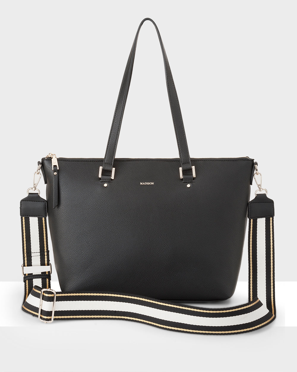 Vivian Medium Zip Top Tote With Metallic Stripe Strap-Handbags-PEROZ Accessories