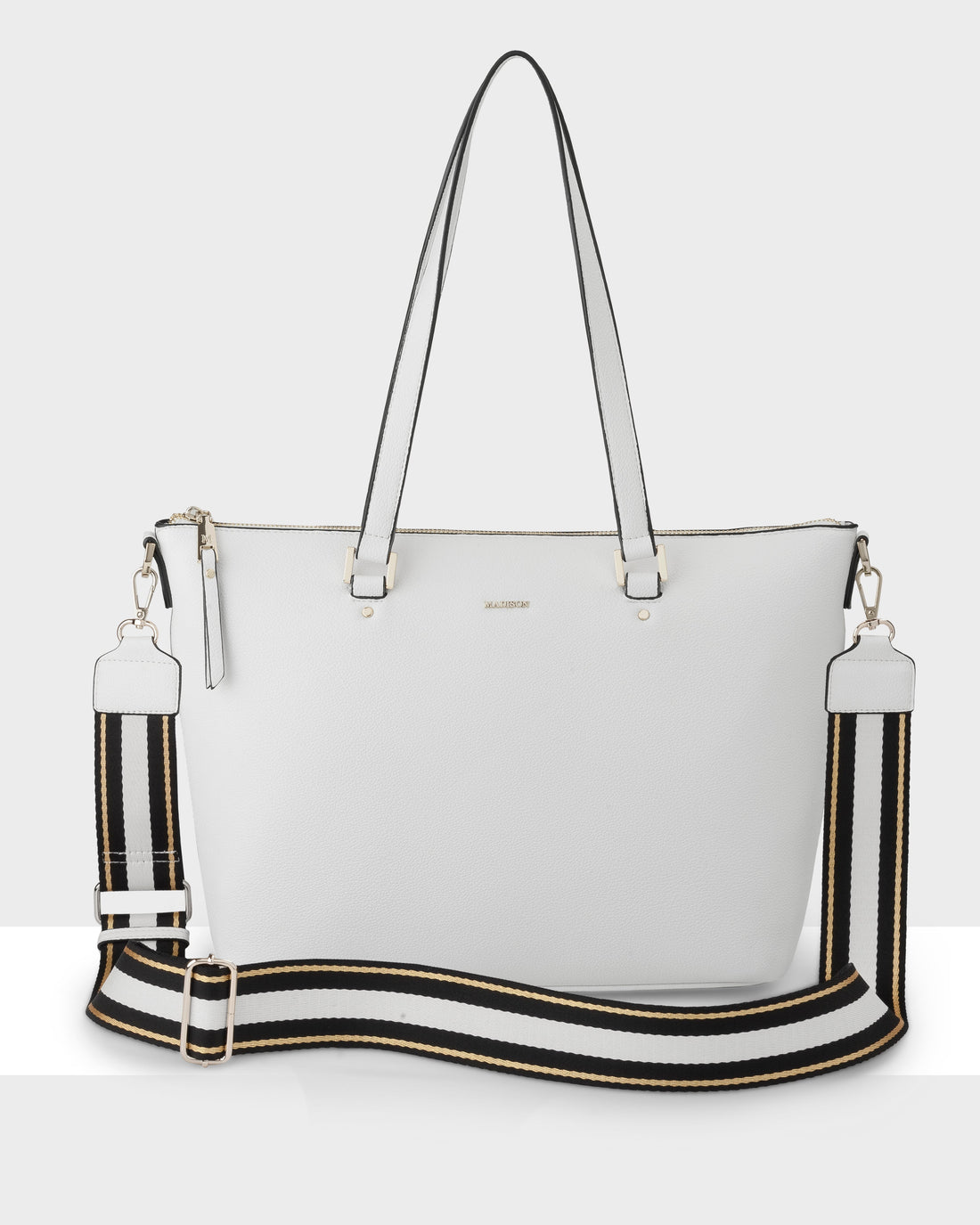 Vivian Medium Zip Top Tote With Metallic Stripe Strap-Handbags-PEROZ Accessories