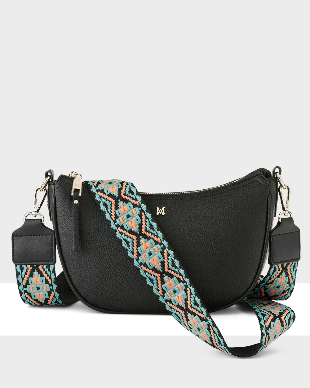 Layla Zip Top Curved Crossbody With Aztec Strap-Handbags-PEROZ Accessories