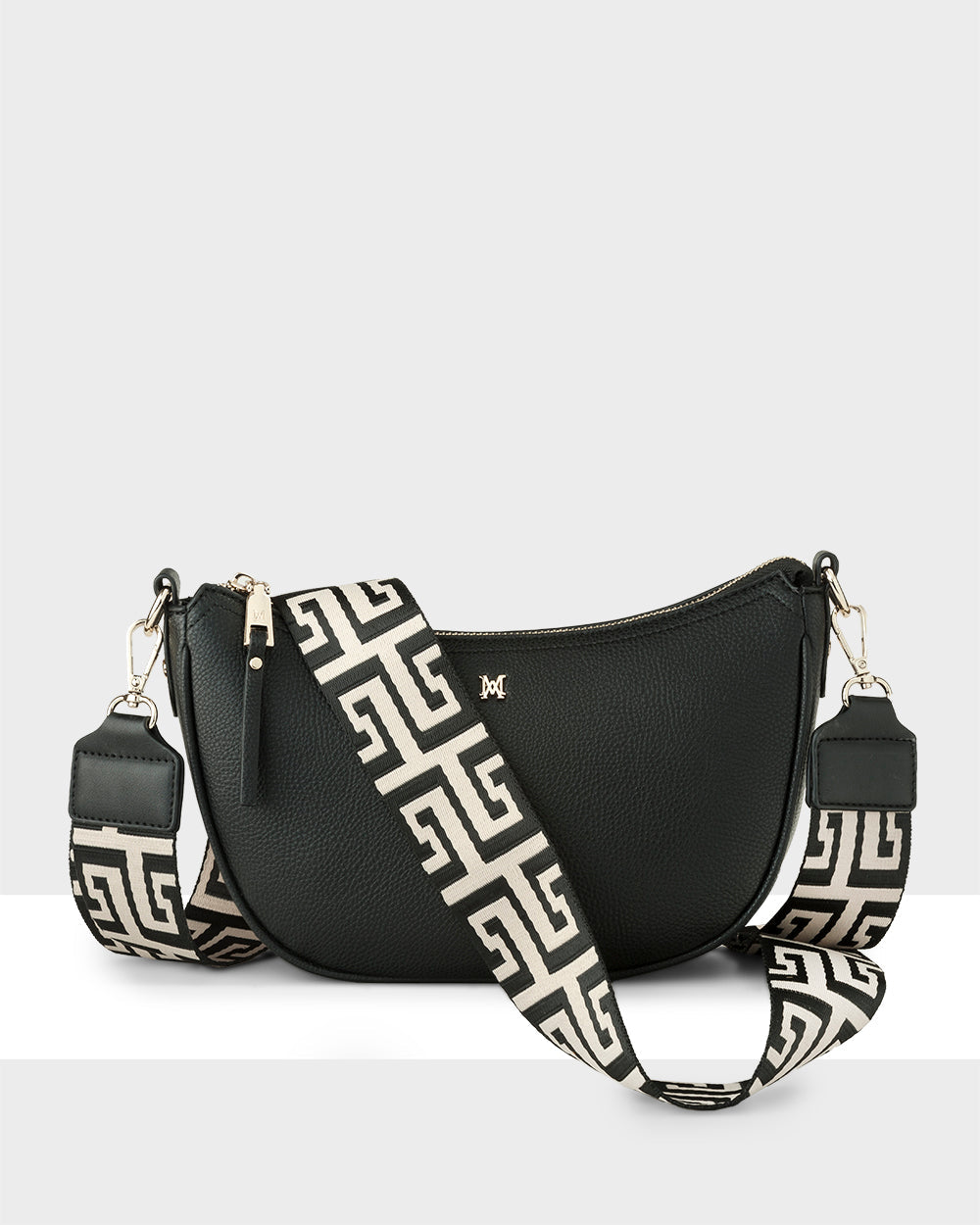 Layla Zip Top Curved Crossbody With Graphic Strap-Handbags-PEROZ Accessories