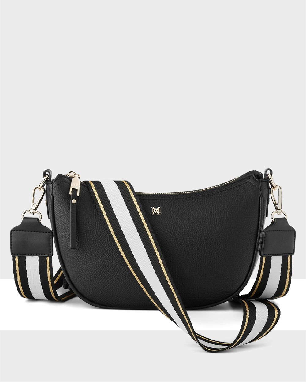 Layla Zip Top Curved Crossbody With Metallic Stripe Strap-Handbags-PEROZ Accessories