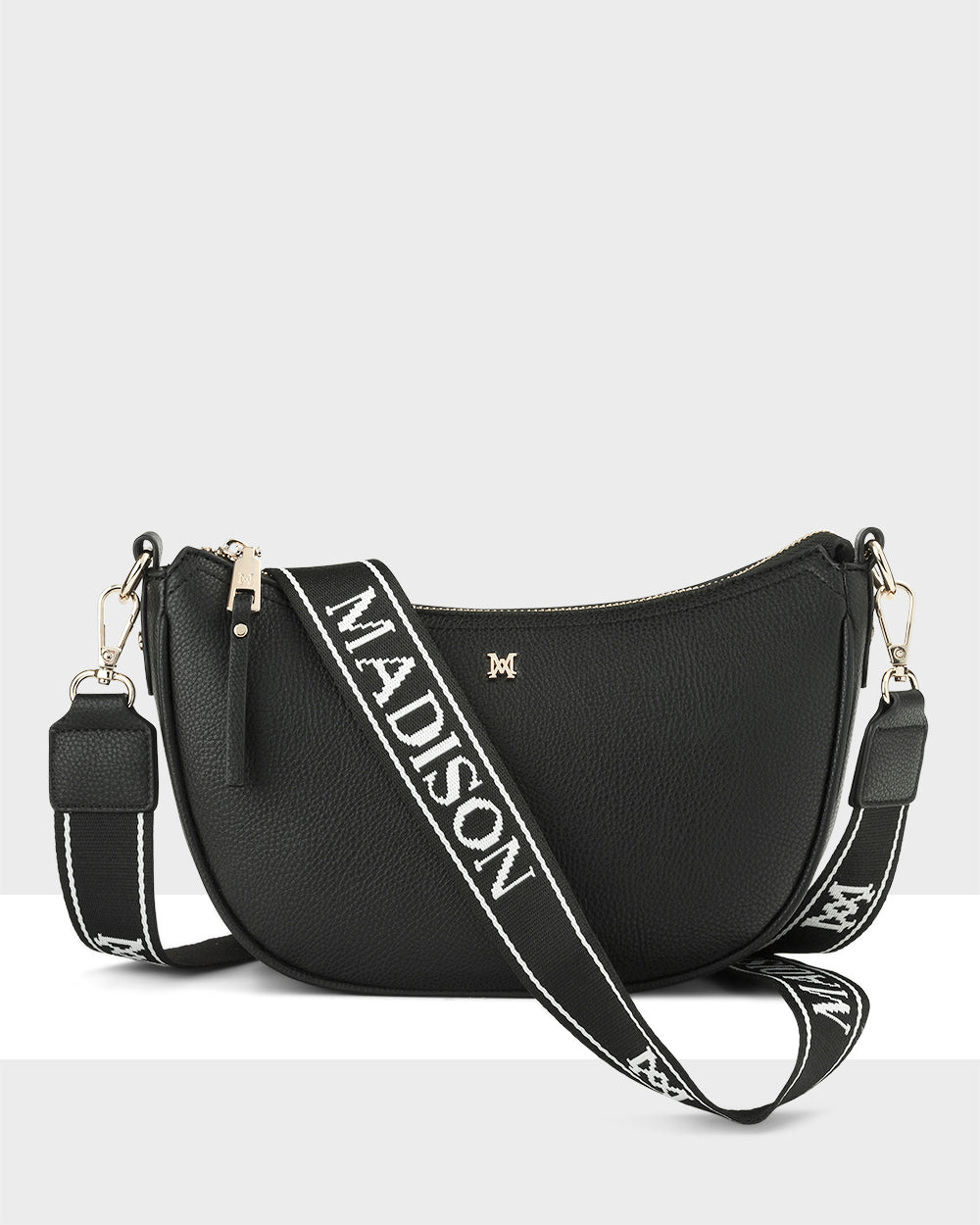 Layla Zip Top Curved Crossbody With Monogram Stripe Strap-Handbags-PEROZ Accessories