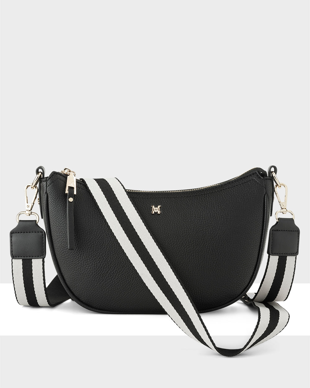 Layla Zip Top Curved Crossbody With Stripe Strap-Handbags-PEROZ Accessories