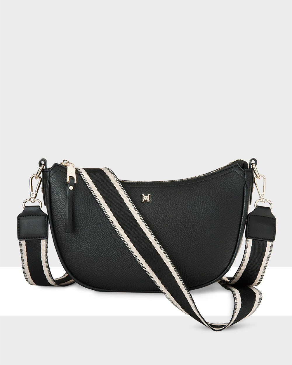 Layla Zip Top Curved Crossbody With Stripe Strap-Handbags-PEROZ Accessories