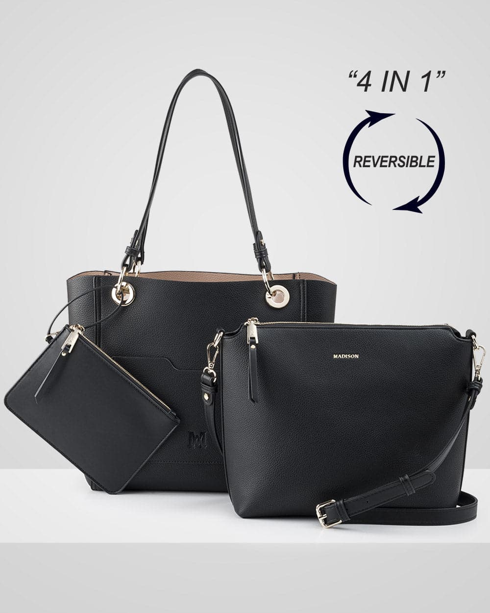 4 in 1 Reversible Tote, Crossbody Bag &amp; Zip Purse-Handbags-PEROZ Accessories