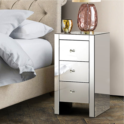 Artiss Bedside Table 3 Drawers Mirrored - QUENN Silver-Bedside Tables-PEROZ Accessories