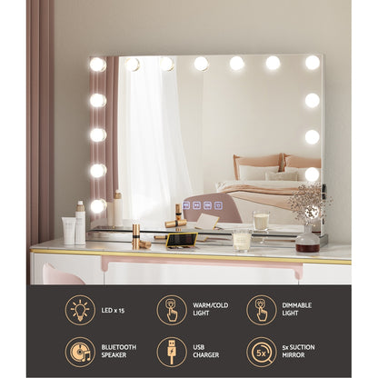 Embellir Bluetooth Makeup Mirror 58X46cm Hollywood with Light Dimmable 15 LED-Furniture &gt; Bathroom-PEROZ Accessories