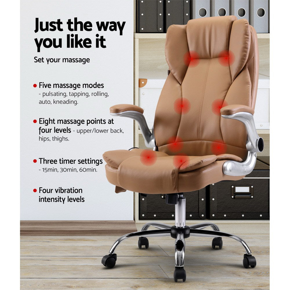 Artiss 8 Point Massage Office Chair PU Leather Espresso-Office Chairs-PEROZ Accessories