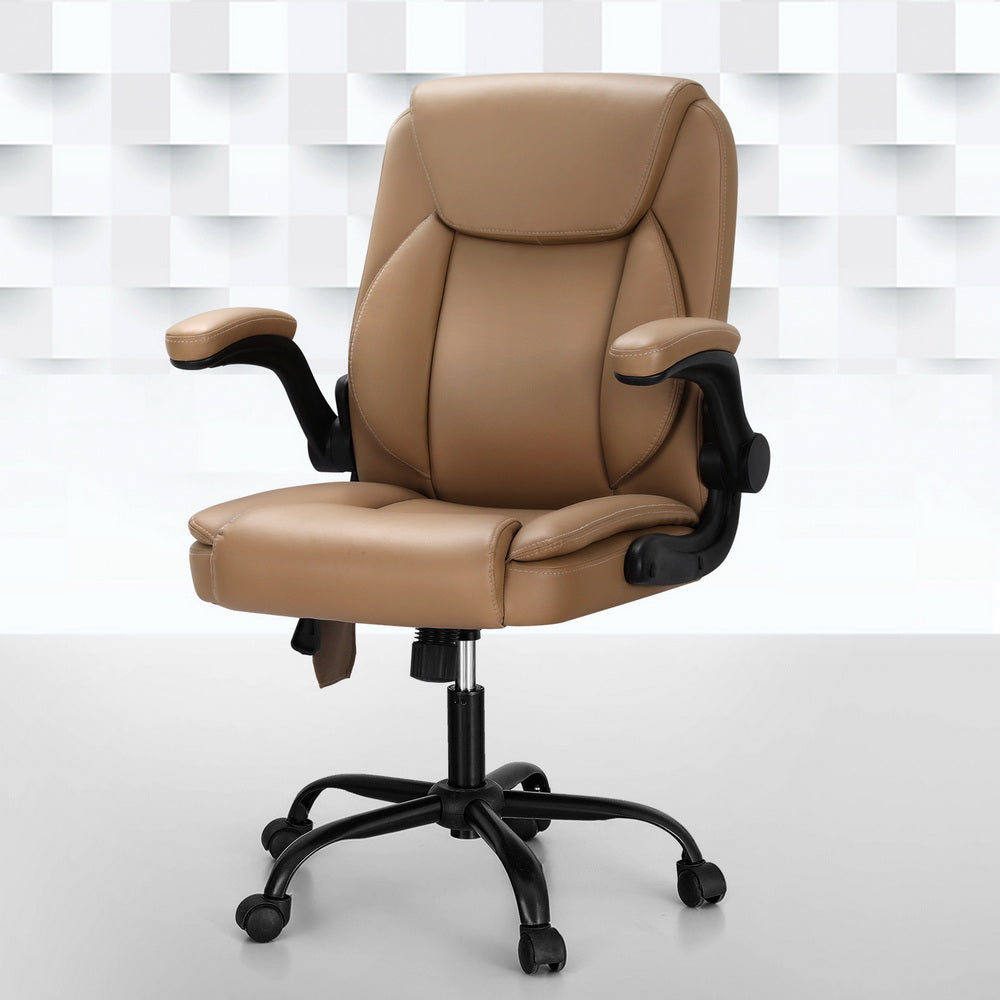 Artiss 2 Point Massage Office Chair Leather Mid Back Espresso-Furniture &gt; Office-PEROZ Accessories