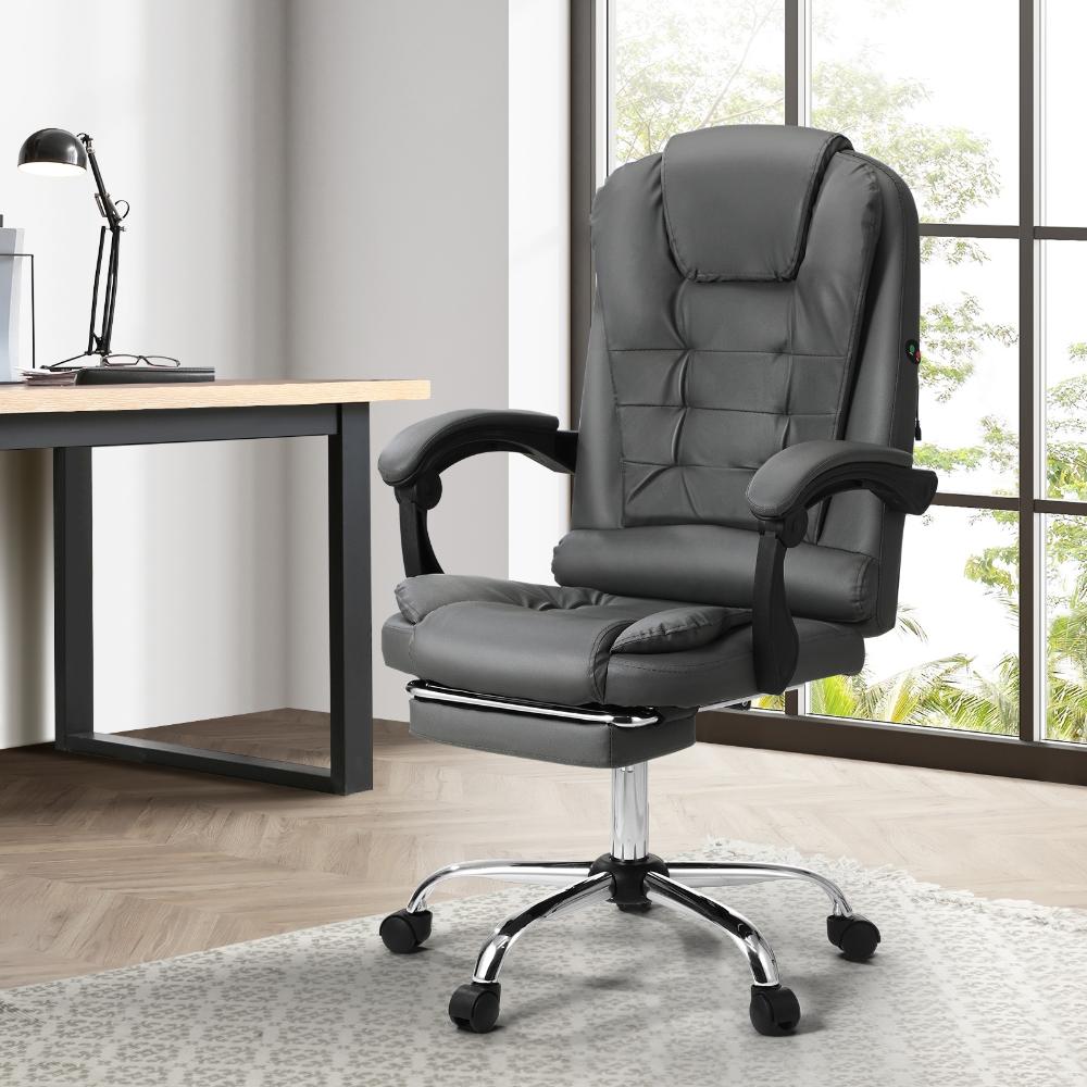 Oikiture Massage Office Chair PU Leather with Footrest Grey-Massage Office Chairss-PEROZ Accessories