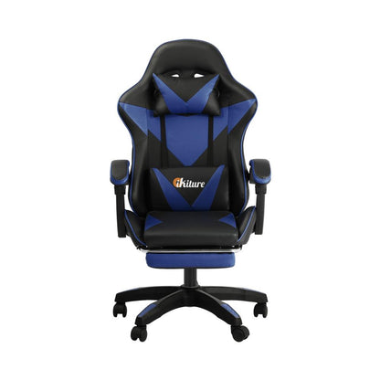 Oikiture Home Gaming Chair Executive Computer Desk Chair with Footrest and Lumbar Pillow Massage Office Chair Black and Blue-Massage Office Chairs-PEROZ Accessories