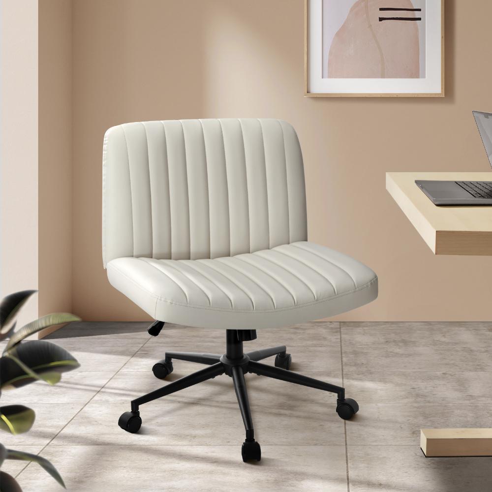 Oikiture Mid Back Office Chair Wide Seat with Wheels Leather Beige-Office Chairs-PEROZ Accessories