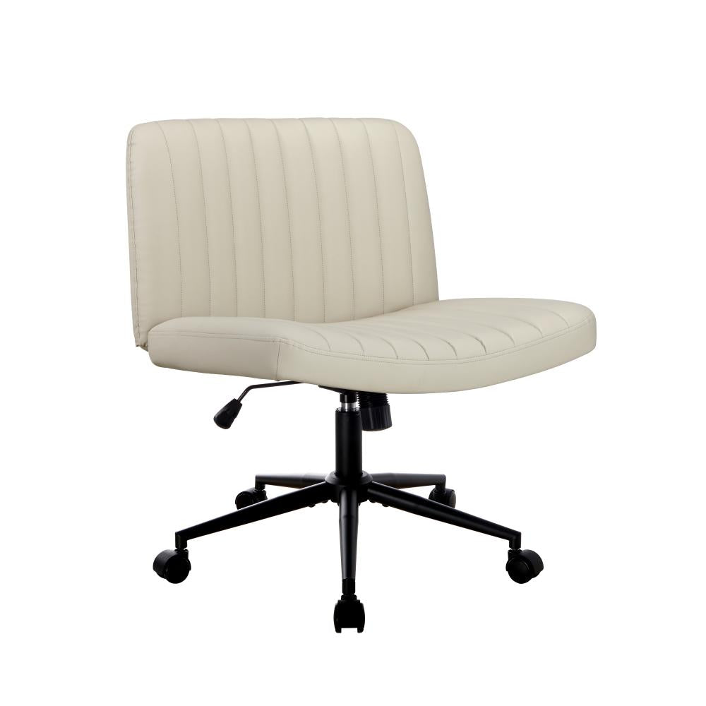 Oikiture Mid Back Office Chair Wide Seat with Wheels Leather Beige-Office Chairs-PEROZ Accessories