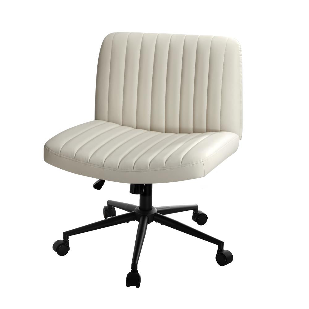 Oikiture Mid Back Office Chair Wide Seat with Wheels Leather Beige-Office Chairs-PEROZ Accessories