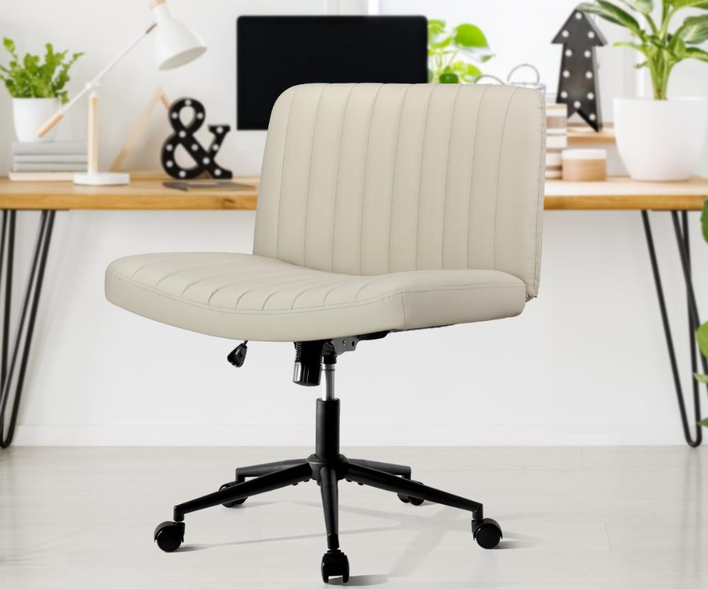 Oikiture Mid Back Office Chair Wide Seat with Wheels Leather Beige-Office Chairs-PEROZ Accessories