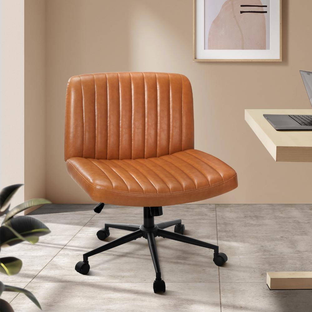 Oikiture Mid Back Office Chair Wide Seat with Wheels Leather Brown-Office Chairs-PEROZ Accessories