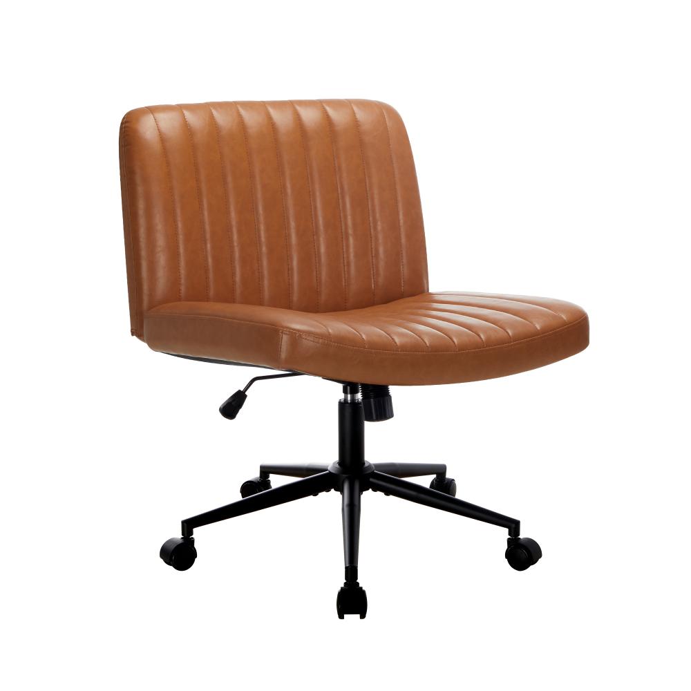 Oikiture Mid Back Office Chair Wide Seat with Wheels Leather Brown-Office Chairs-PEROZ Accessories