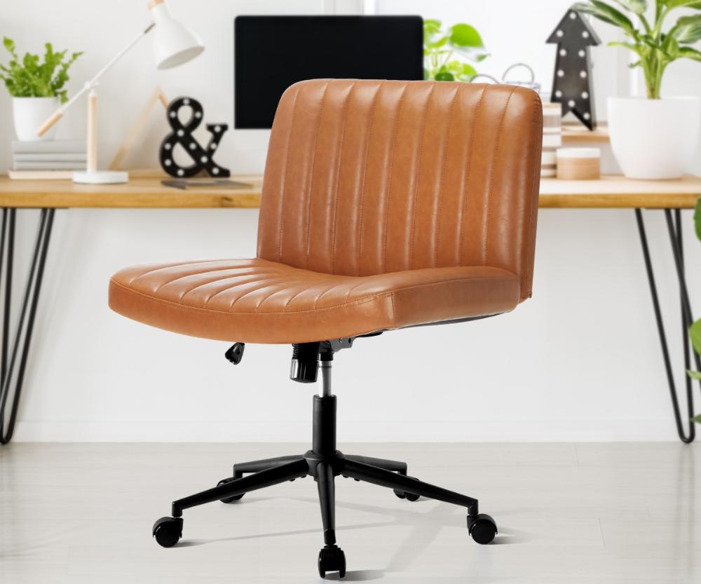 Oikiture Mid Back Office Chair Wide Seat with Wheels Leather Brown-Office Chairs-PEROZ Accessories