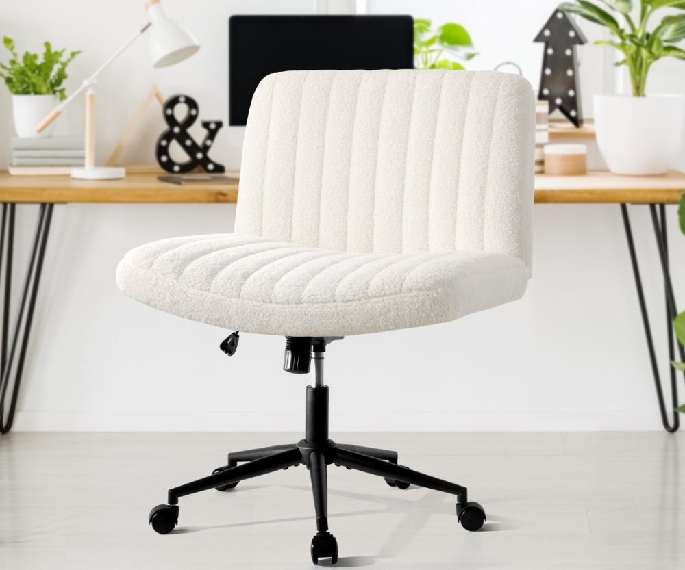 Oikiture Mid Back Office Chair Wide Seat with Wheels Sherpa White-Office Chairs-PEROZ Accessories