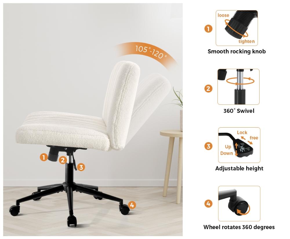 Oikiture Mid Back Office Chair Wide Seat with Wheels Sherpa White-Office Chairs-PEROZ Accessories