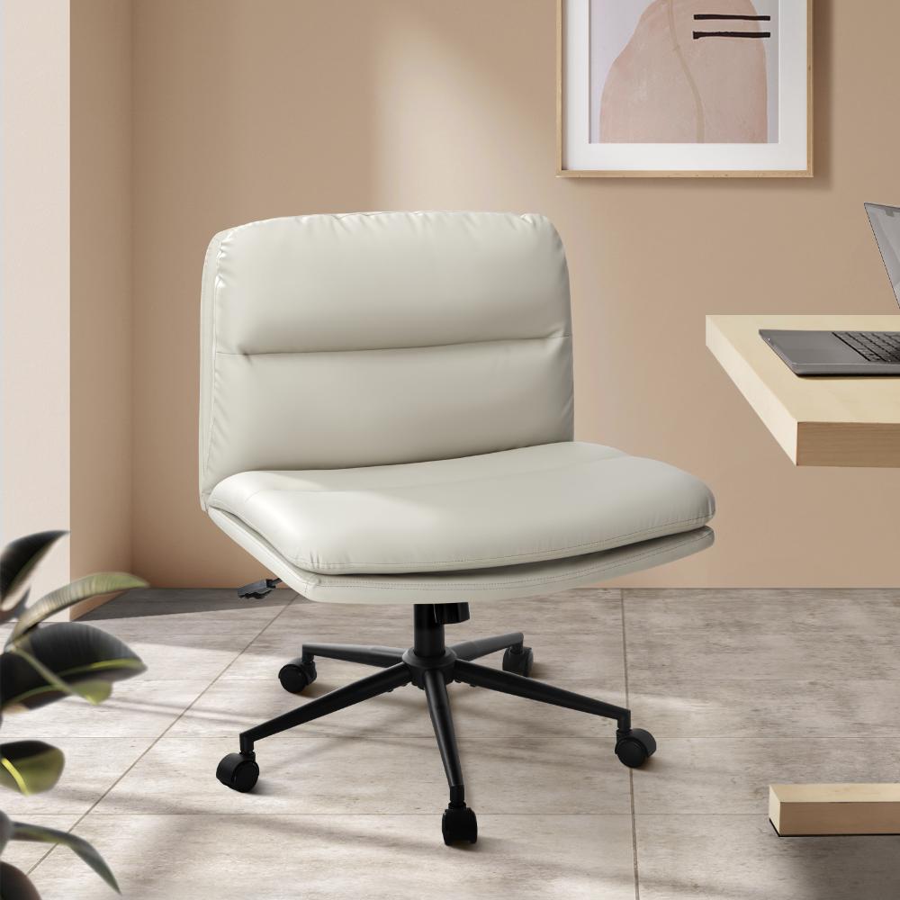 Oikiture Mid Back Office Chair Wide Seat Leather Beige with Wheels-Office Chairs-PEROZ Accessories