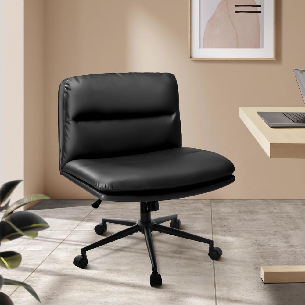 Oikiture Mid Back Office Chair Wide Seat Leather Black with Wheels-Office Chairs-PEROZ Accessories