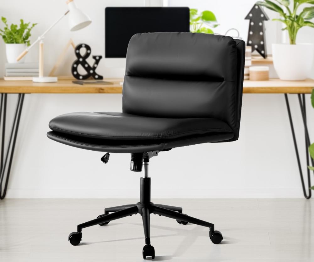 Oikiture Mid Back Office Chair Wide Seat Leather Black with Wheels-Office Chairs-PEROZ Accessories