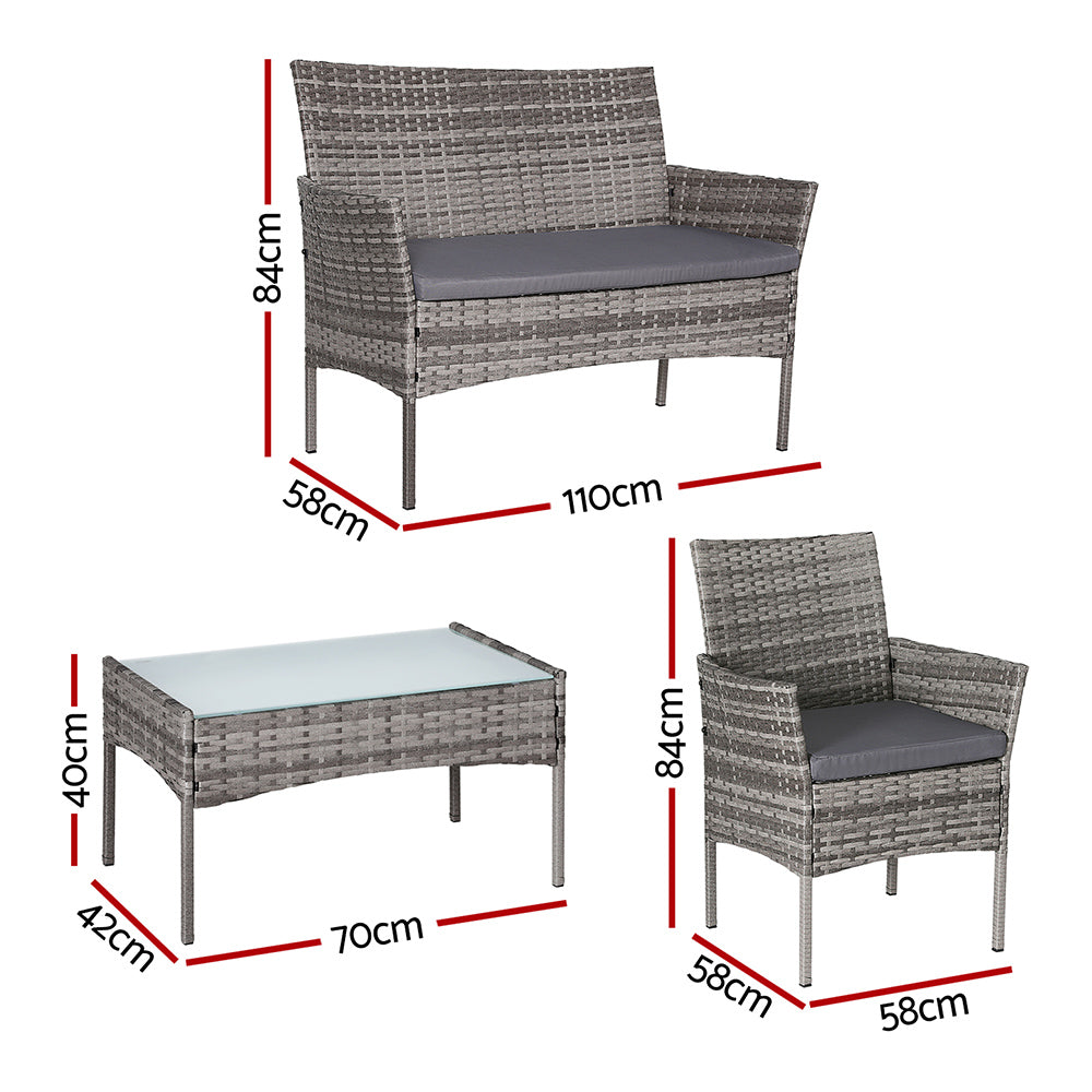 Gardeon 4 Seater Outdoor Sofa Set Wicker Setting Table Chair Furniture Grey-Furniture &gt; Outdoor-PEROZ Accessories