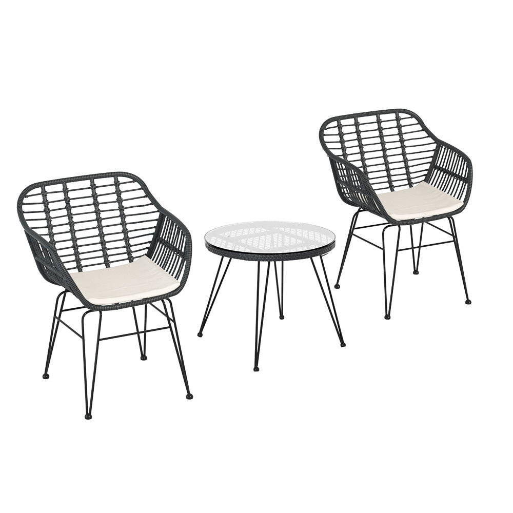 Gardeon 3PC Outdoor Furniture Bistro Set Lounge Setting Table Chairs Cushion Patio Grey-Outdoor Bistro Sets-PEROZ Accessories