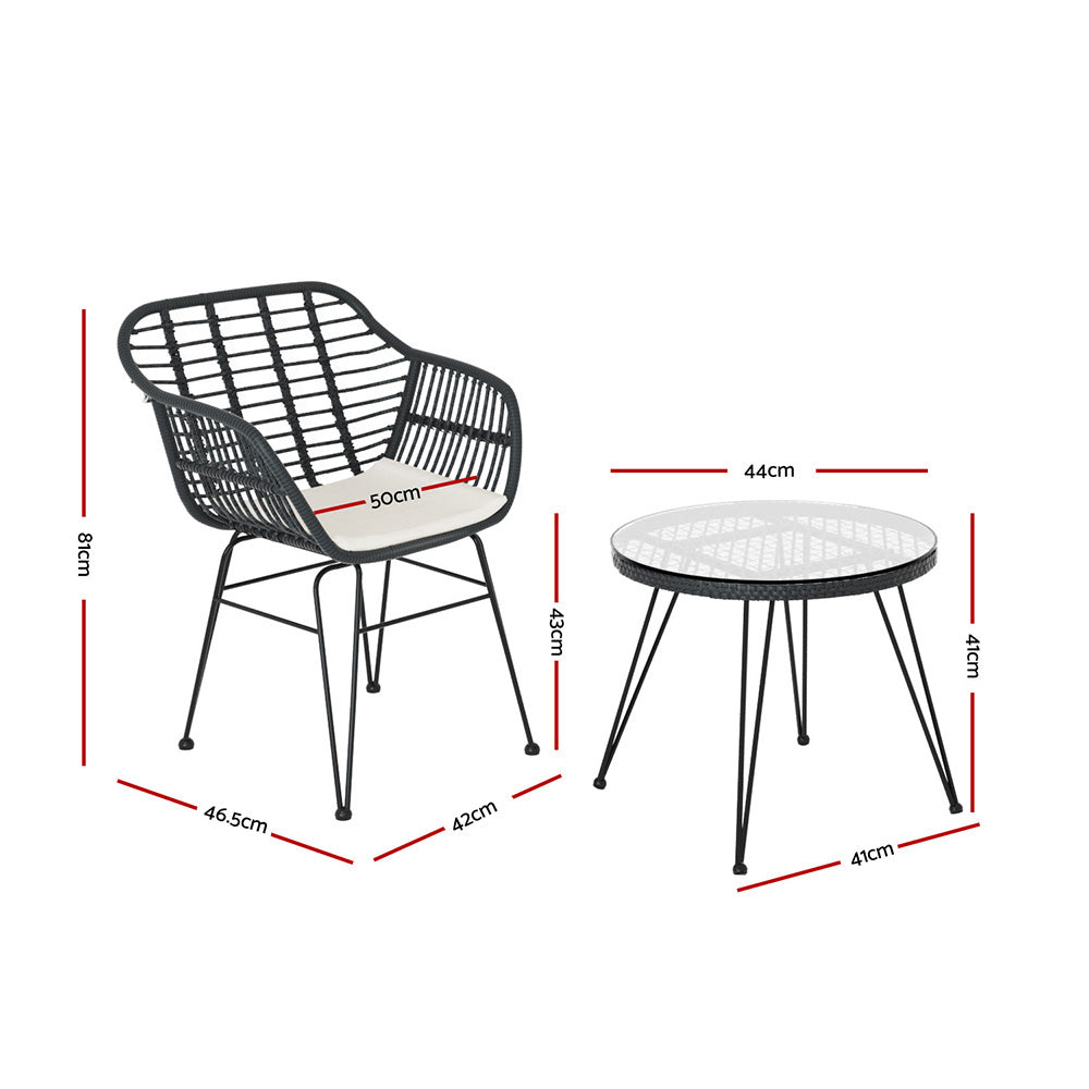 Gardeon 3PC Outdoor Furniture Bistro Set Lounge Setting Table Chairs Cushion Patio Grey-Outdoor Bistro Sets-PEROZ Accessories