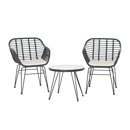 Gardeon 3PC Outdoor Furniture Bistro Set Lounge Setting Table Chairs Cushion Patio Grey-Outdoor Bistro Sets-PEROZ Accessories