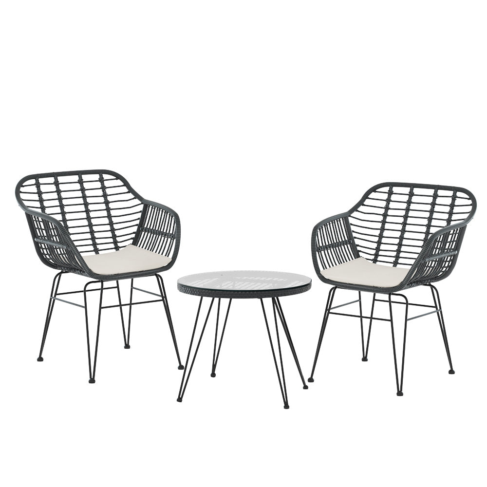 Gardeon 3PC Outdoor Furniture Bistro Set Lounge Setting Table Chairs Cushion Patio Grey-Outdoor Bistro Sets-PEROZ Accessories